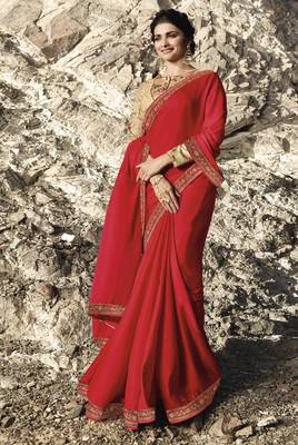 Red Embroidered Poly Silk Saree With Blouse 1