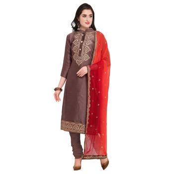 Dark-Brown Embroidered Cotton Silk Salwar With Dupatta 1