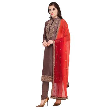 Dark-Brown Embroidered Cotton Silk Salwar With Dupatta 2