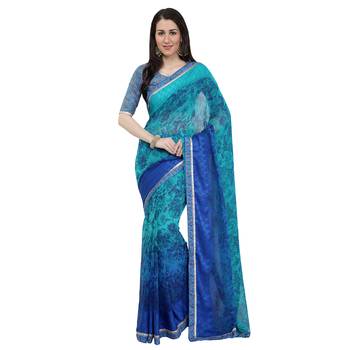 Blue embroidered georgette saree with blouse 1