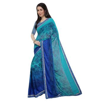 Blue embroidered georgette saree with blouse 2