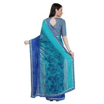 Blue embroidered georgette saree with blouse 3