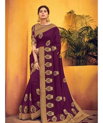 purple embroidered art silk saree with blouse 1