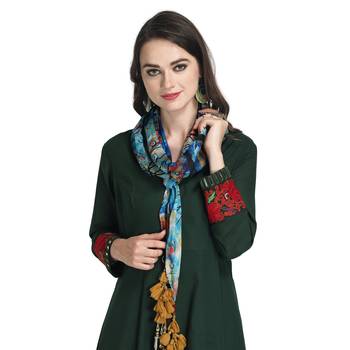 Blue Butter Crepe Digital Printed Multicolour Thread Tasselled Scarf 1