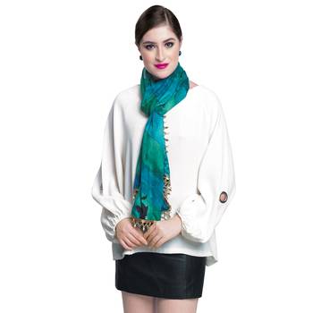 Digital Print Butter Crepe Multicolour Golden Copper Beads Lace Scarf 1
