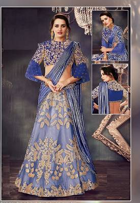 Blue Printed Silk Semi Stitched Lehenga 1