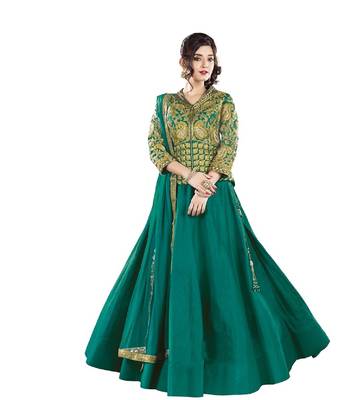 Sea Green Embroidered Raw Silk Semi Stitched Lehenga 1