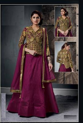 Dark Pink Embroidered Raw Silk Semi Stitched Lehenga 1