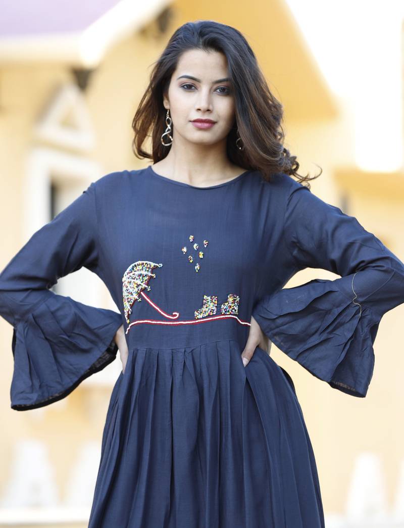 Slub Rayon Flared Kurti With Umbrella Hand Work