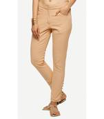 NAARI Cotton Beige Cotton Fabric Slim Fit Printed Cigarette Pants For Women's