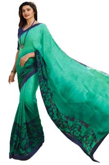 Green printed georgette saree with blouse