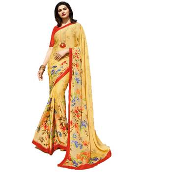 Yellow printed georgette saree with blouse 1