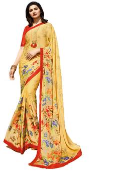 Yellow printed georgette saree with blouse