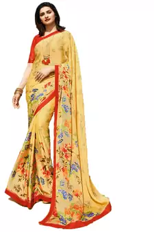 Yellow printed georgette saree with blouse
