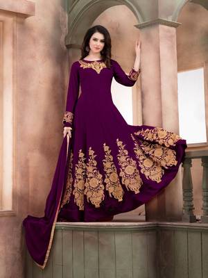 Purple embroidered faux georgette semi stitched salwar with dupatta 1