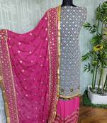 Grey embroidered faux georgette semi stitched salwar with dupatta