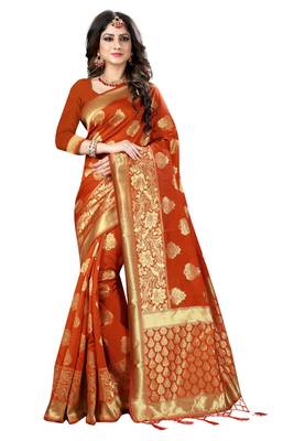 Orange woven silk blend silk saree with blouse 1