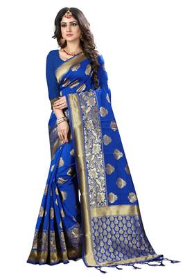 Royal blue woven silk blend silk saree with blouse 1