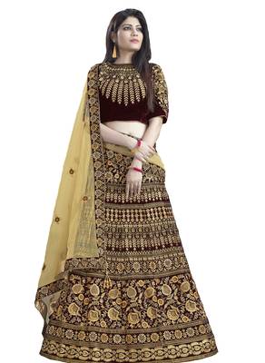 Red Embroidered Velvet Semi Stitched Lehenga 1