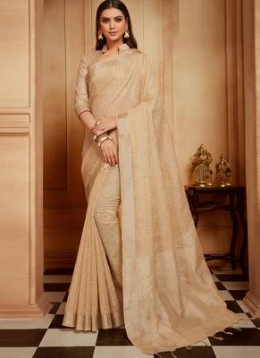 Cream woven jute cotton saree with blouse 1