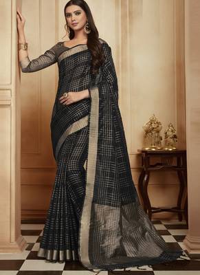 Black woven jute cotton saree with blouse 1