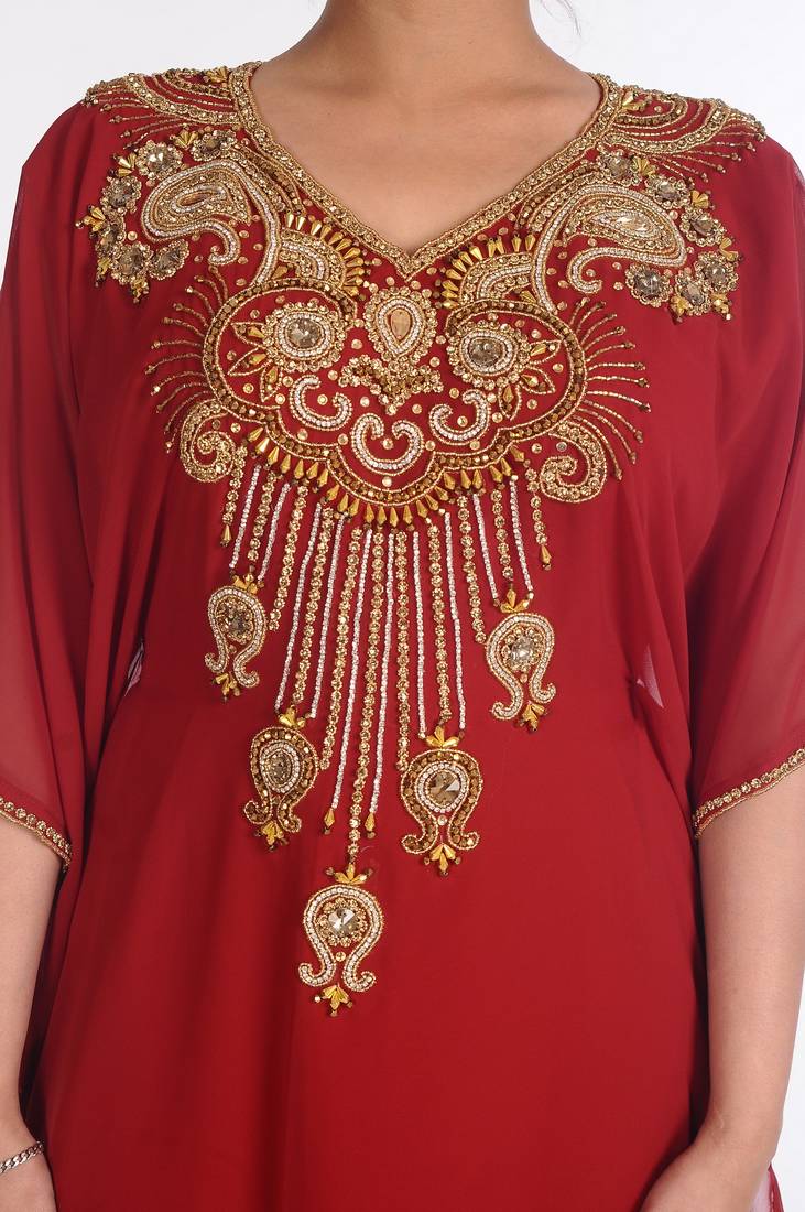 Georgette Maroon Embroidered Islamic Kaftans