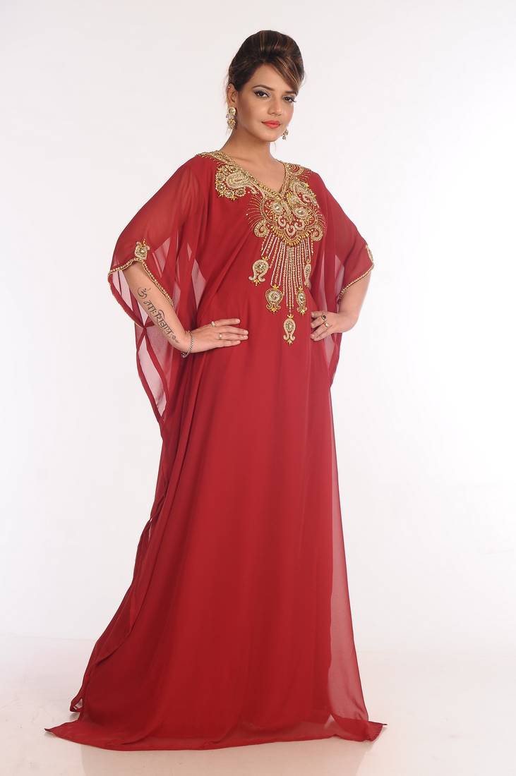 Georgette Maroon Embroidered Islamic Kaftans