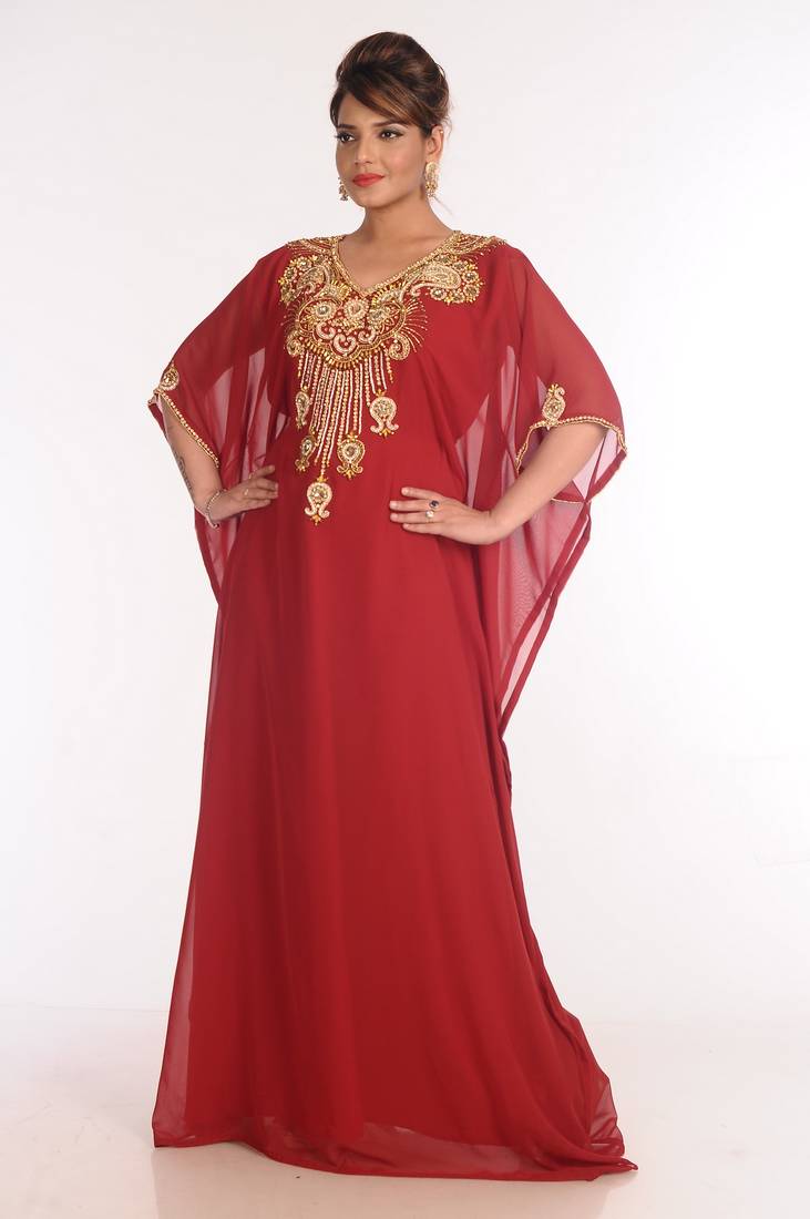 Georgette Maroon Embroidered Islamic Kaftans