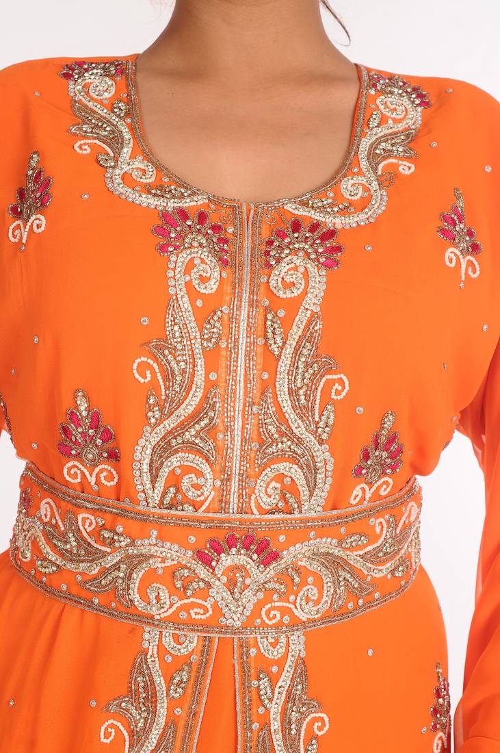 Georgette Orange Embroidered Islamic Kaftans