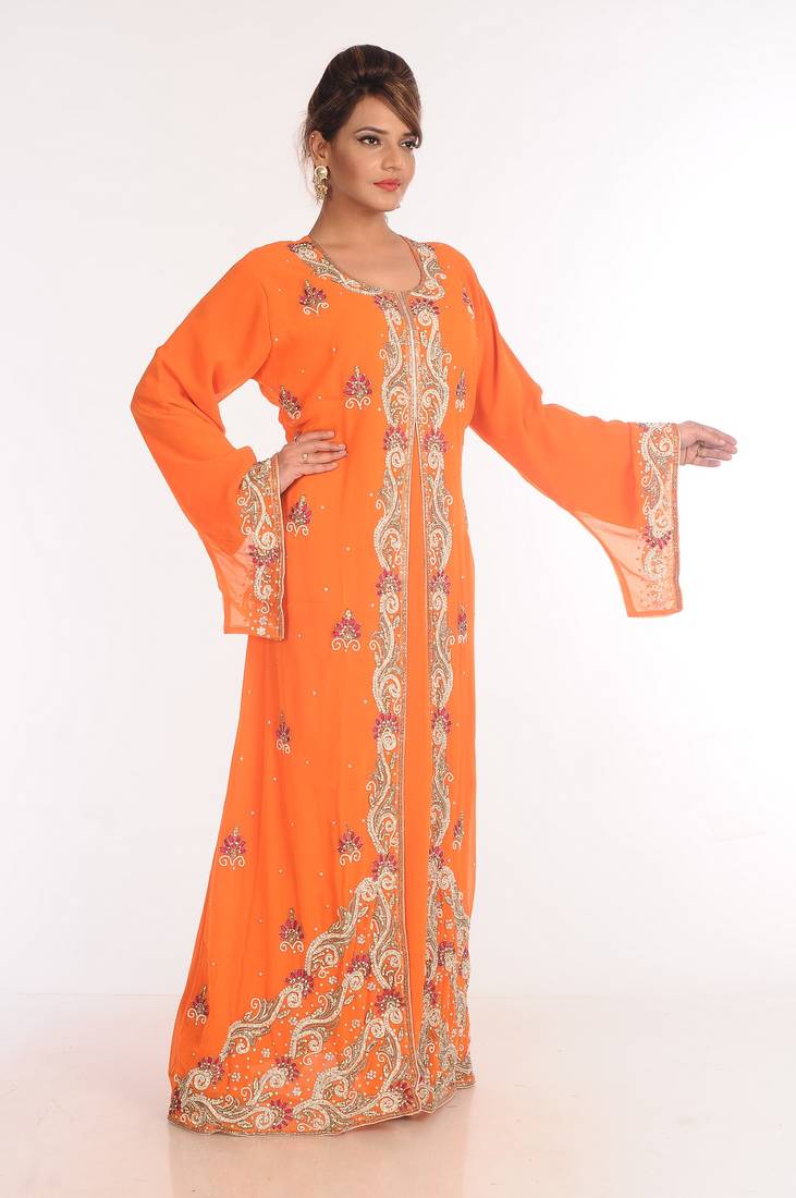 Georgette Orange Embroidered Islamic Kaftans