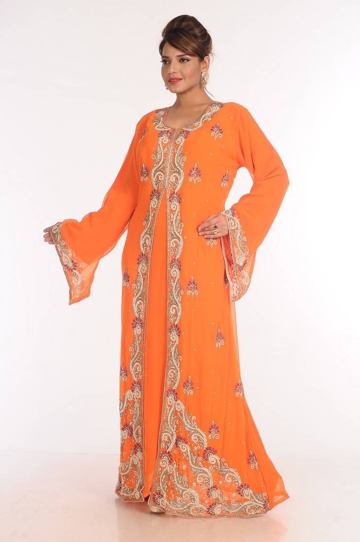 Georgette Orange Embroidered Islamic Kaftans