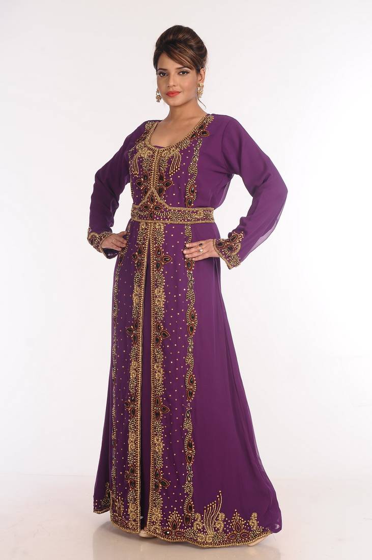 Georgette Purple Embroidered Islamic Kaftans