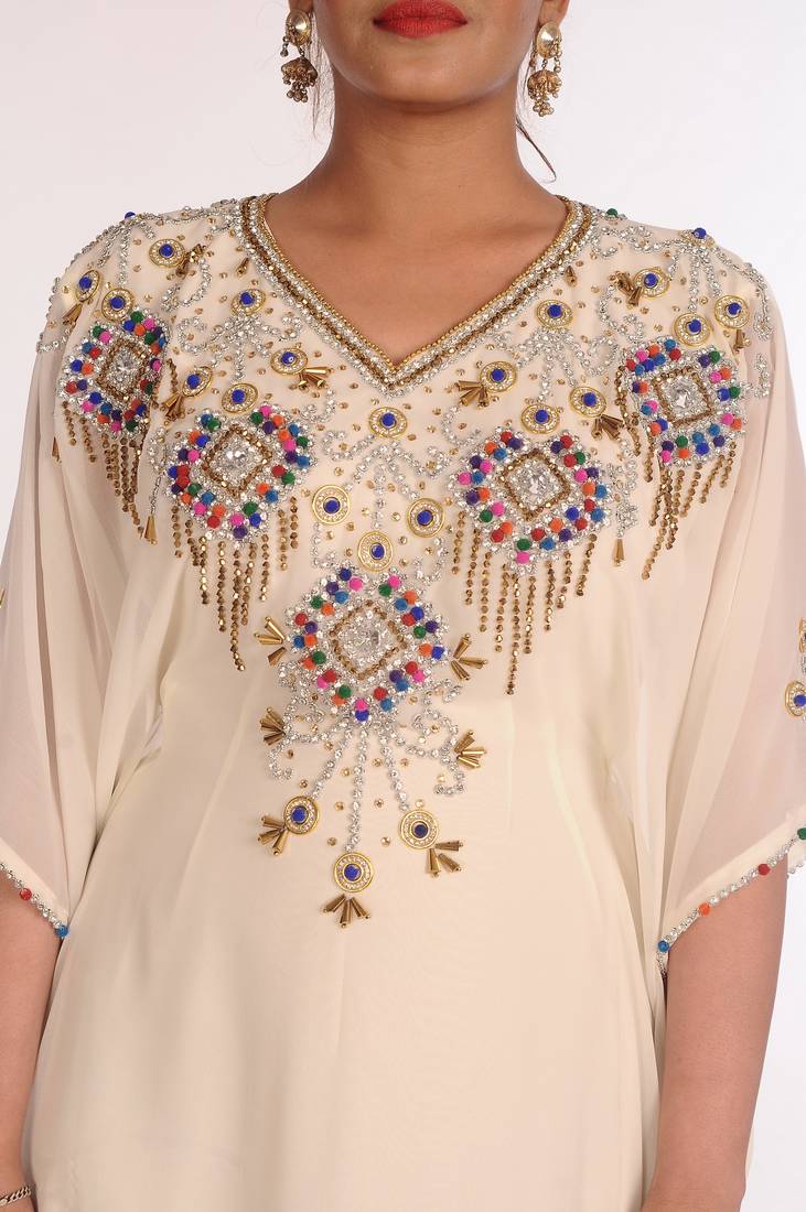 Georgette Cream Embroidered Islamic Kaftans