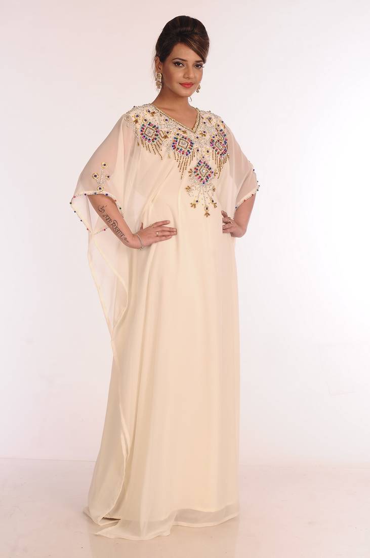 Georgette Cream Embroidered Islamic Kaftans