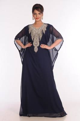 Georgette Navy Blue Embroidered Islamic Kaftans 1
