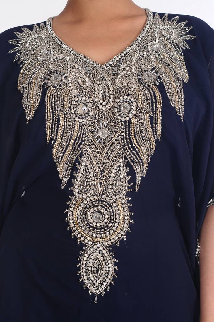 Georgette Navy Blue Embroidered Islamic Kaftans