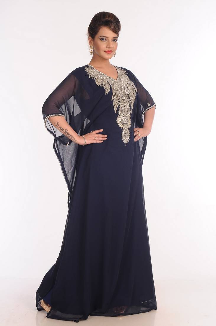 Georgette Navy Blue Embroidered Islamic Kaftans