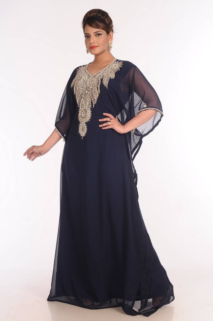 Georgette Navy Blue Embroidered Islamic Kaftans