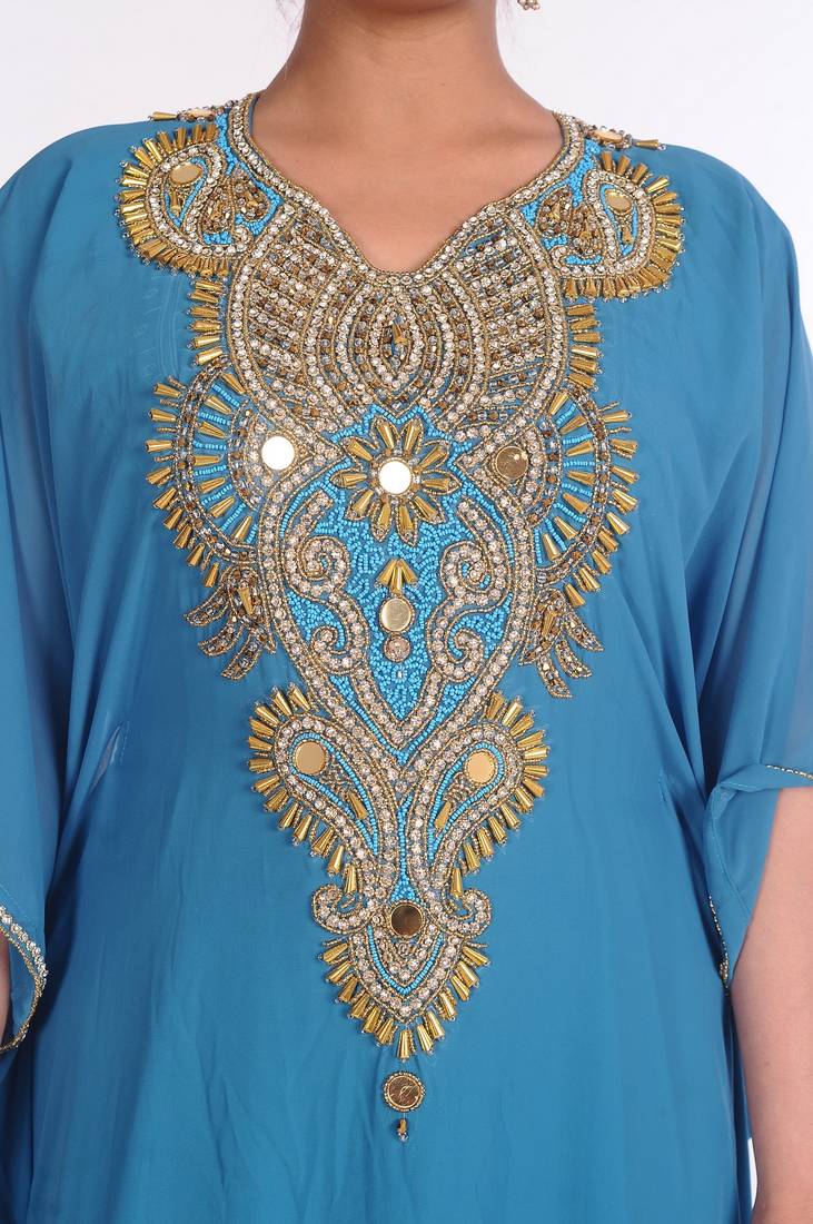 Georgette Turquoise Embroidered Islamic Kaftans