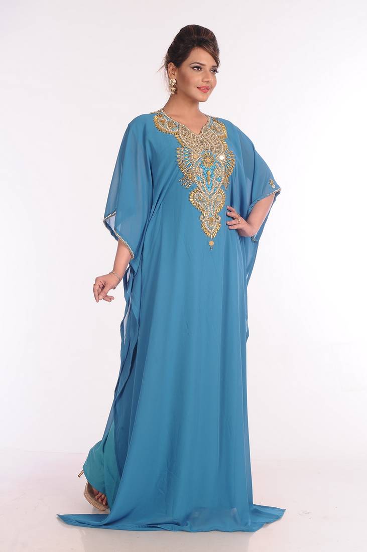 Georgette Turquoise Embroidered Islamic Kaftans