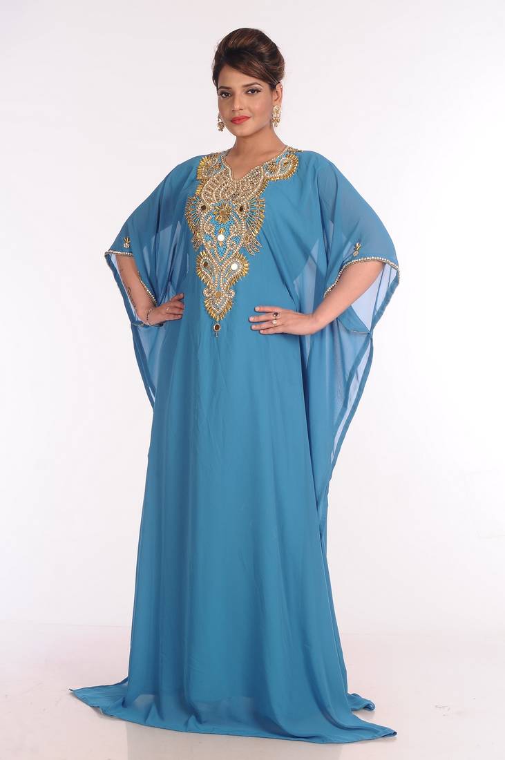 Georgette Turquoise Embroidered Islamic Kaftans