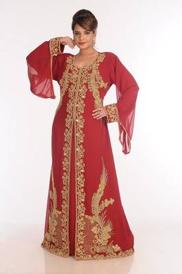 Georgette Red Embroidered Islamic Kaftans 4