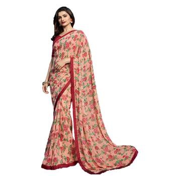 Peach printed georgette saree with blouse 1