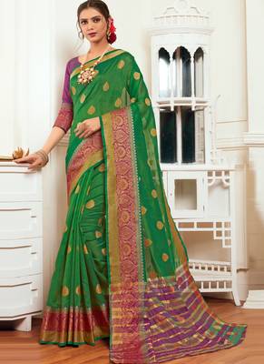 Green woven art silk saree with blouse 1