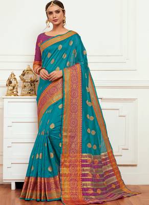 Blue woven art silk saree with blouse 1