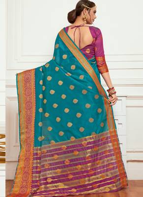Blue woven art silk saree with blouse 2