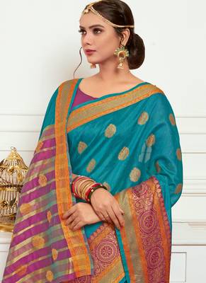 Blue woven art silk saree with blouse 3