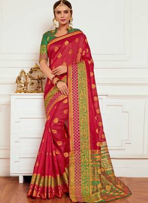 Red woven art silk saree with blouse 1