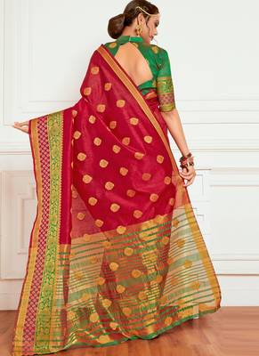 Red woven art silk saree with blouse 2