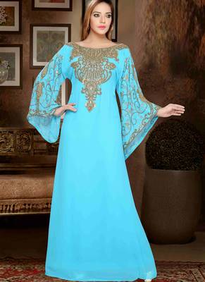 Turquoise embroidered georgette islamic kaftans 1